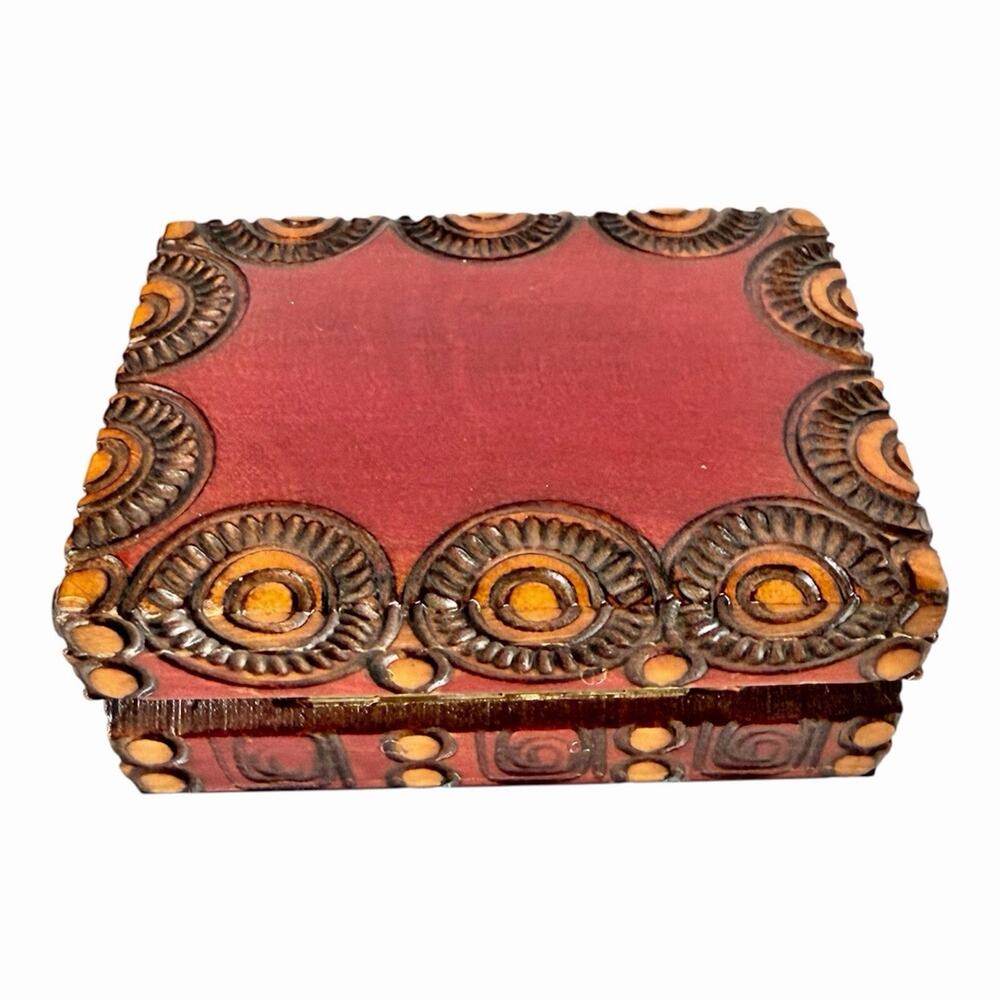 Vintage Hand Carved Trinket Box Wooden Jewelry Storage Art Poland 3"